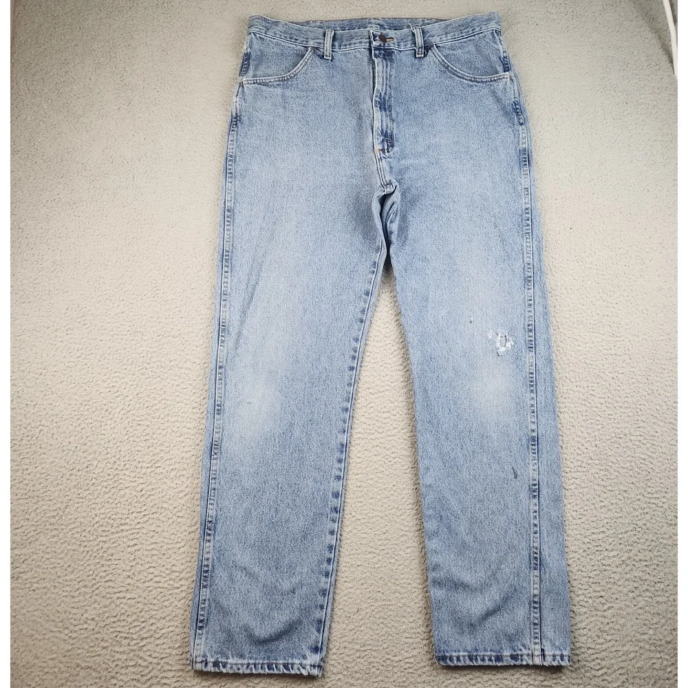 Wrangler Rustler Workwear Jeans Mens 38x34 Straight Leg Blue Stonewashed Denim
